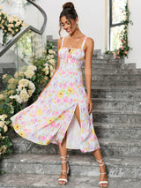 Ruched Bust Split Thigh Floral Cami Dress