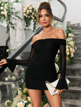 Off Shoulder Flounce Sleeve Ruched Mesh Bodycon Dress