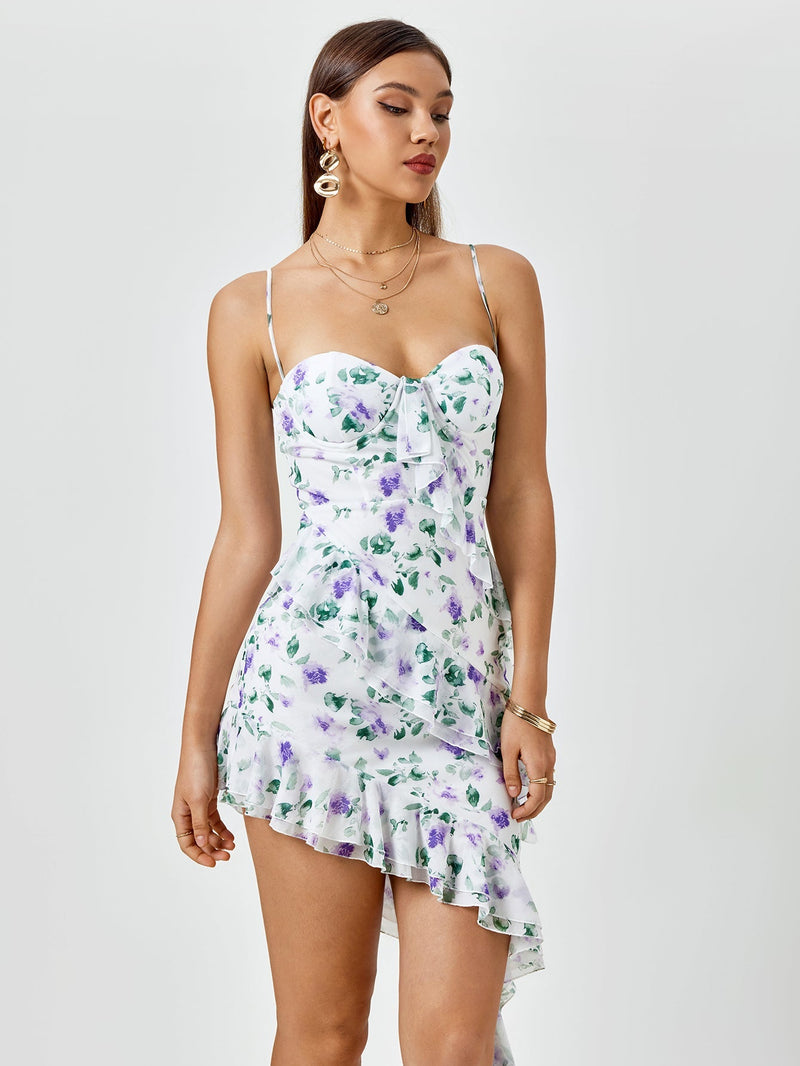 Asymmetrical Hem Ruched Corset Floral Dress