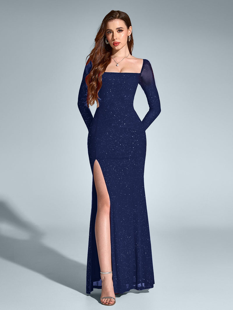 Cut Out Backless Split Thigh Mermaid Hem Glitter Dress