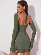 Draped Front Flounce Sleeve Ruched Side Split Hem Mesh Dress