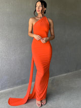 O-ring Backless Halter Neck Bodycon Maxi Dress