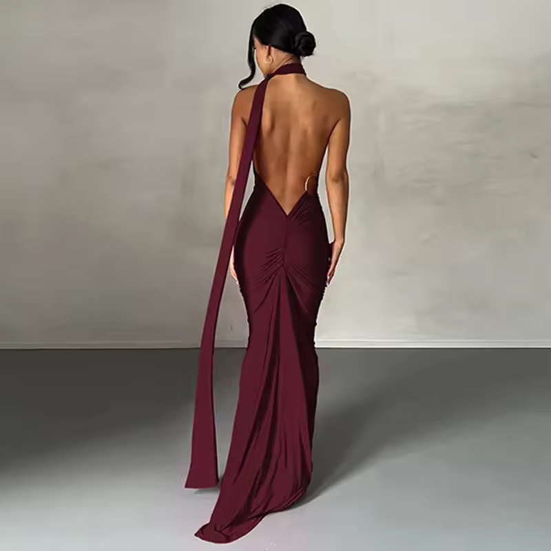 O-ring Backless Halter Neck Bodycon Maxi Dress