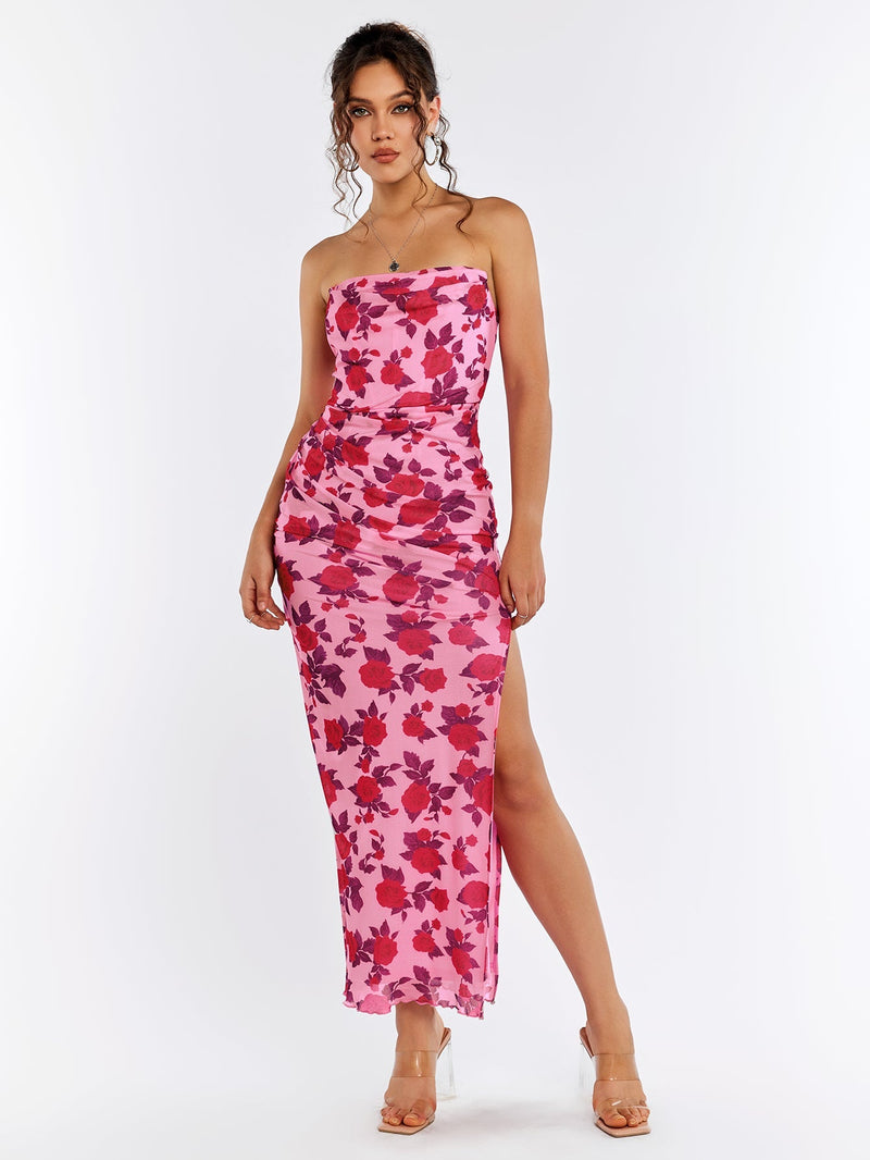 Floral Tube Split Hem Bodycon Dress