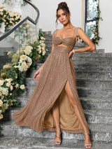 Lacing Strap Cut Out Glitter Maxi Dress