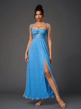 Lacing Strap Cut Out Glitter Maxi Dress