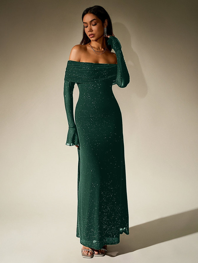 Off Shoulder Flounce Sleeve Mesh Sequin Dress