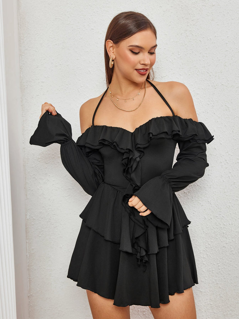 Off Shoulder Halter Ruffle Tiered Dress