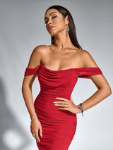 Off Shoulder Ruched Zipper Back Bodycon Dress