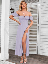 Puff Sleeve Tie Front Off Shoulder Slit Thigh Dress