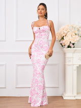 Tie Shoulder Fishtail Hem Floral Print Prom Dress