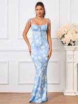 Tie Shoulder Fishtail Hem Floral Print Prom Dress