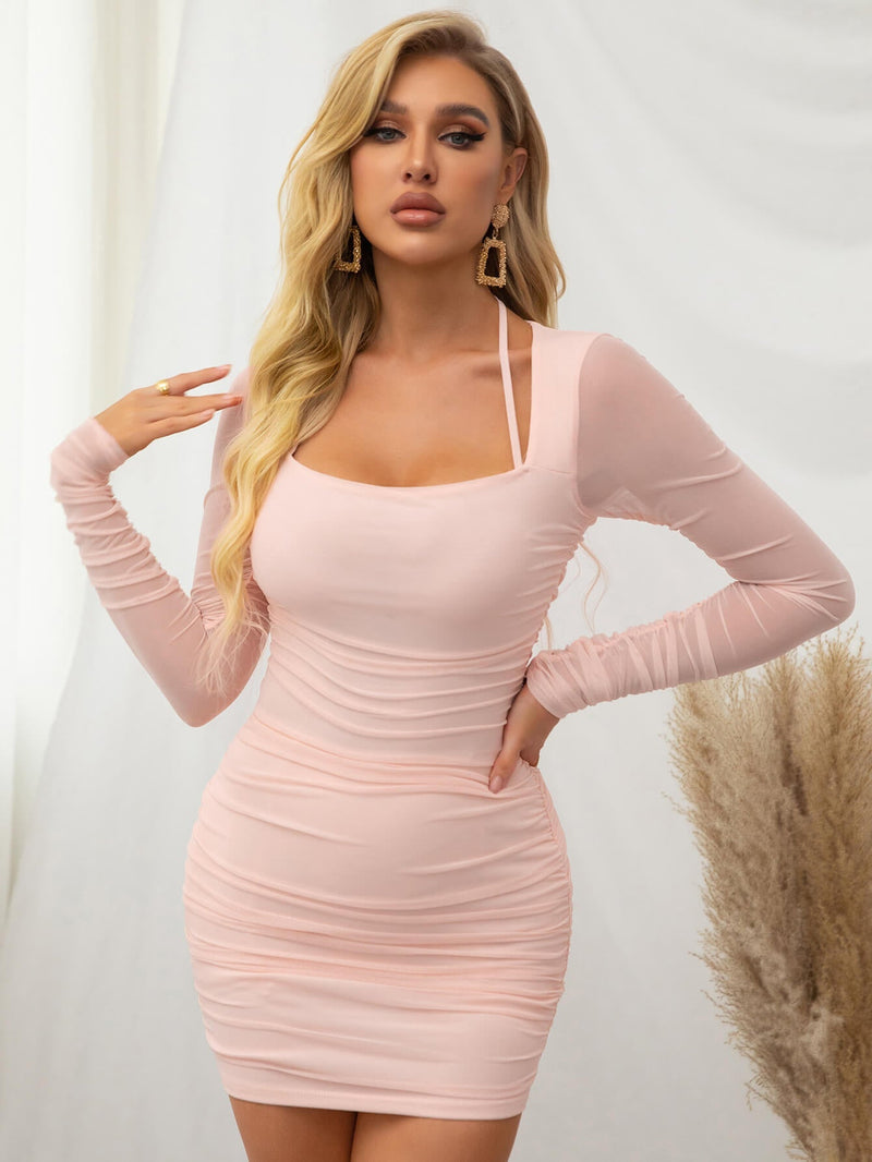 Mesh Ruched Long Sleeve Mini Dress