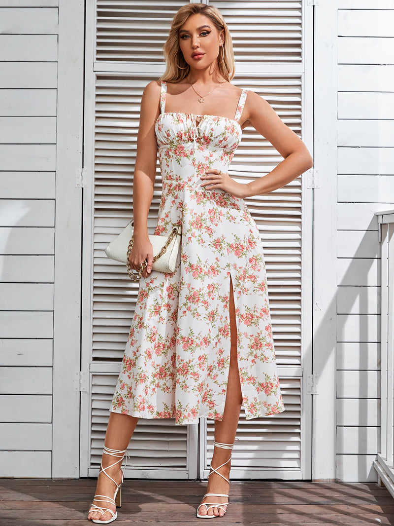 Ruched Bust Split Thigh Floral Cami Dress