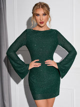 Tie Backless Draped Detail Flounce Sleeve Glitter Mesh Dress