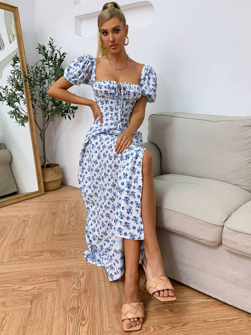 Puff Sleeve High Split Floral Print Dress