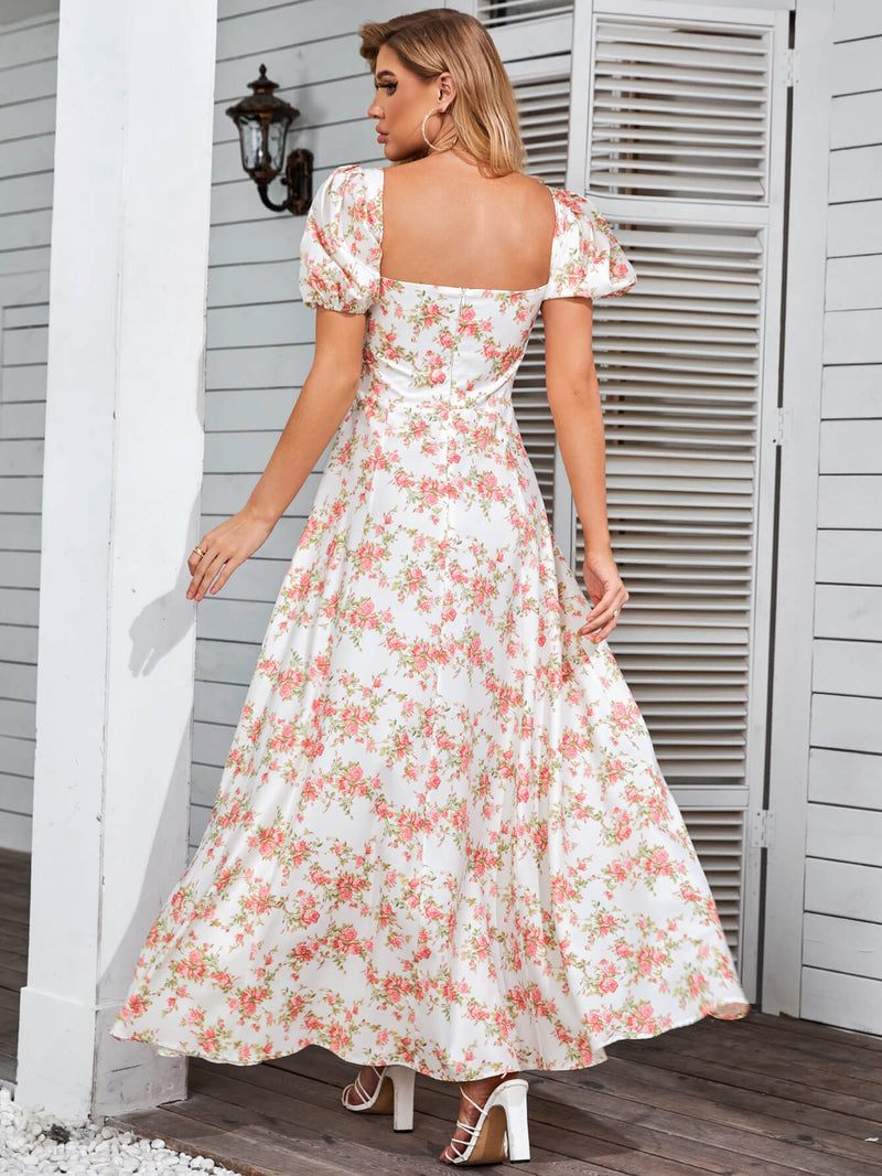 Puff Sleeve High Split Floral Print Dress