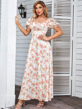 Puff Sleeve High Split Floral Print Dress