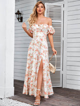 Puff Sleeve High Split Floral Print Dress