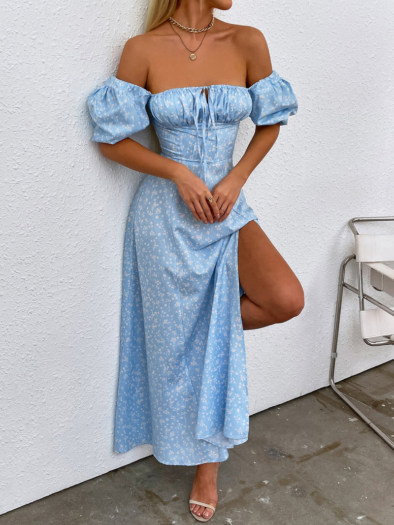 Puff Sleeve High Split Floral Print Dress