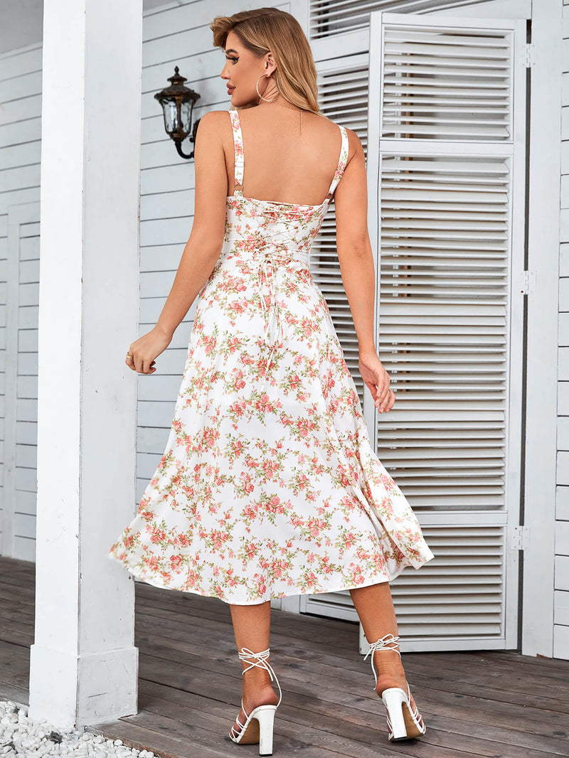 Ruched Bust Split Thigh Floral Cami Dress