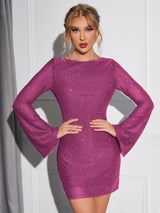 Tie Backless Draped Detail Flounce Sleeve Glitter Mesh Dress